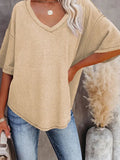 White Exposed Seam Half Sleeve Knitted V Neck Textured Top