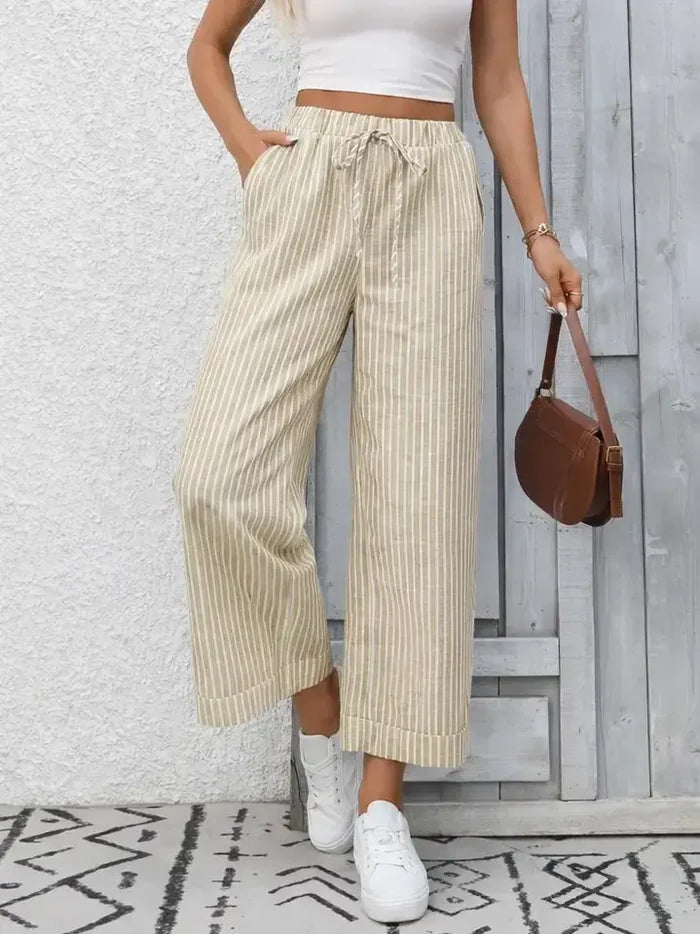 Wide Leg Pants Striped Women Drawstring Casual Pants