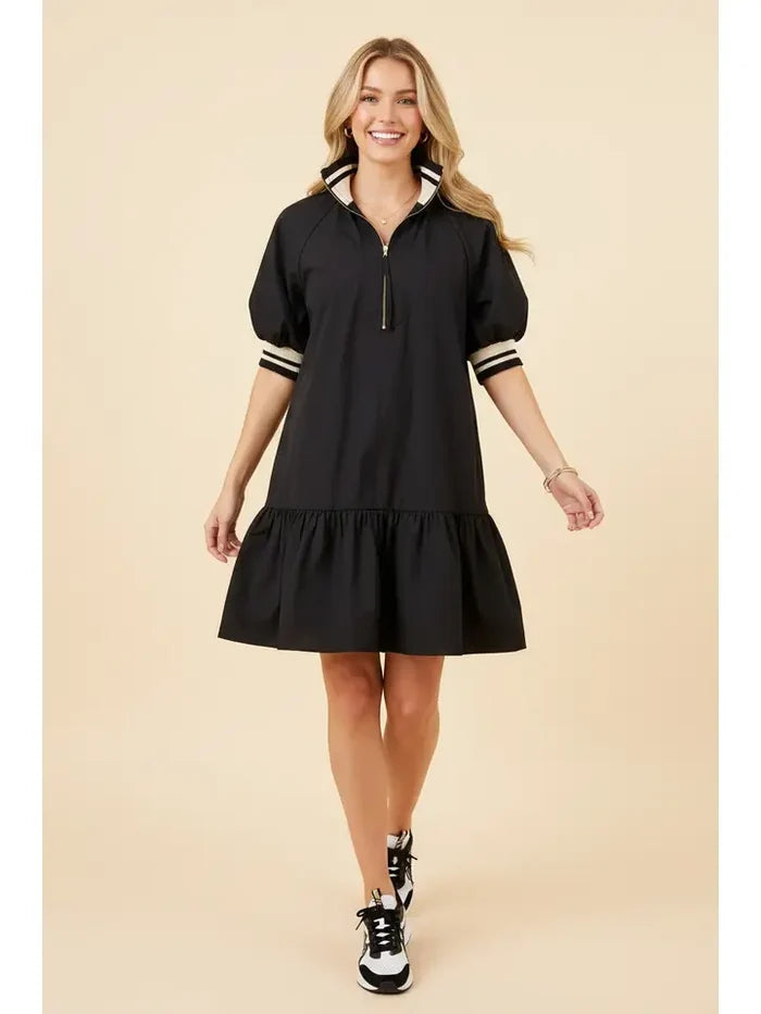Zip Front Puff Sleeve Ruffle Hem Mini Dress