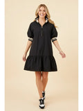 Zip Front Puff Sleeve Ruffle Hem Mini Dress